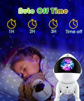Get Ready For Epic Nights With This White Galaxy Projector Star Night Light Perfect For Bedroom Decor Kids Room Or Living Space Creating Cool Nebula And Galaxy Effects For Ultimate Relaxation And Sleep Vibes At Home with a child sleeping under star projection, auto off timer in background.