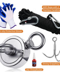 VNDUEEY magnet fishing kit: 2.36-inch magnet, 65 ft rope, carabiners, gloves, grappling hook, threadlocker.