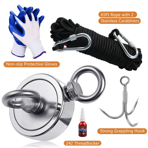 VNDUEEY magnet fishing kit: 2.36-inch magnet, 65 ft rope, carabiners, gloves, grappling hook, threadlocker.
