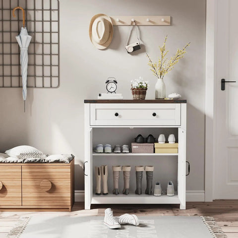 Farmhouse Style Sideboard Buffet Cabinet With Storage And Adjustable Shelf And Barn Door For Kitchen Dining Room Bathroom Entryway White