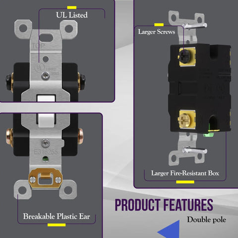 Heavy Duty 30 Amp Double Pole Toggle Switch For 120 Or 277V Self Grounding Industrial Grade UL Listed 82300-W features