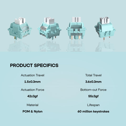 LEOBOG Ice Vein 100 Pack 42gf Linear Keyboard Switches Pre Lubed 5 Pin Switch With POM Stem Light Diffuser For Mechanical Gaming Keyboards Compatible With MX Keycaps product specs showing 42gf actuation