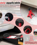 Universal Jack Stand Pads And Floor Jack Rubber Pad Kit, 7-Piece Combo, shown with red jack stands and rubber pads in use