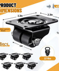 Zero Hassle 8 Pack Heavy Duty 1 Inch Caster Wheels With Low Profile Plate And 360 Degree Swivel Action dimensions and screw details.
