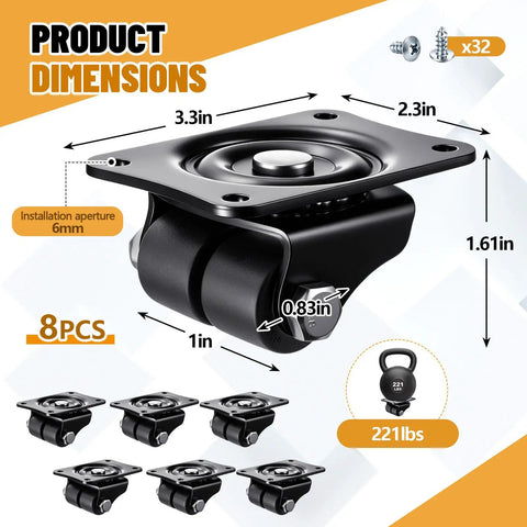 Zero Hassle 8 Pack Heavy Duty 1 Inch Caster Wheels With Low Profile Plate And 360 Degree Swivel Action dimensions and screw details.