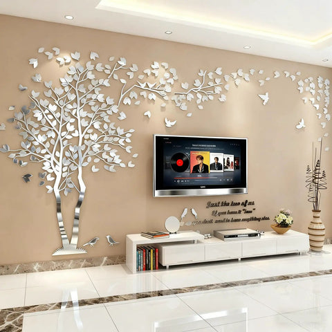DIY 3D Tree Of Life Wall Art Decals in Silver for Living Room and Bedroom with TV backdrop, showing dope family tree mural stickers and decor.