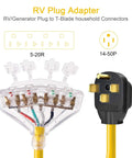 50 Amp To 110 Volt RV Adapter Cord With Four 5-20R Outlets, NEMA 14-50P Male To 4X 5-20R, showing connector details.