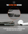 Ultra Thin EDC Knife With 2.9 Inch S35VN Blade And Titanium Handle, shown next to earbud for size comparison, showcasing thin design.