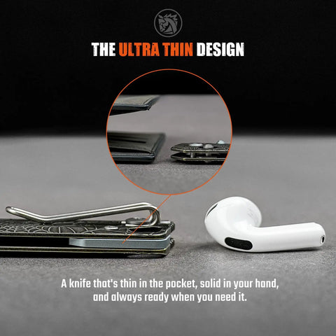 Ultra Thin EDC Knife With 2.9 Inch S35VN Blade And Titanium Handle, shown next to earbud for size comparison, showcasing thin design.