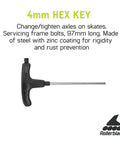 Inline Skate Blade Tool Pro Grade With 4mm Hex Key, black handle, steel construction, shown with specs for skates maintenance.
