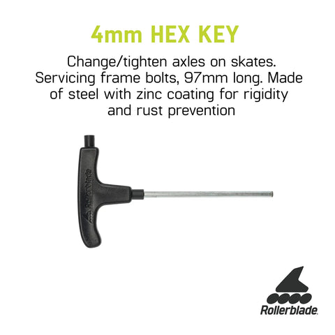 Inline Skate Blade Tool Pro Grade With 4mm Hex Key, black handle, steel construction, shown with specs for skates maintenance.