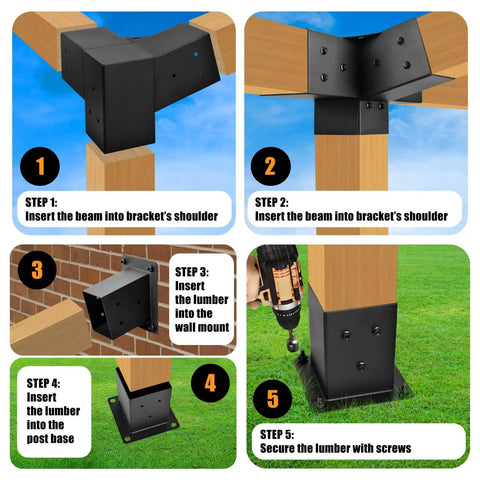 Installation steps for Heavy Duty Pergola Bracket Set With 15 Degree 3-Way Slanted Roof, Wall Mount Extension 4x4 Inches.