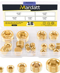 Brass NPT Pipe Plugs Kit 16-Piece in storage case, showing five sizes of internal hex countersunk male thread pipe plug set.