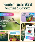 Smart Solar Pro Hummingbird Feeder With Camera And AI Bird Identification 2K Video Capture 5MP Photos Outdoor Hanging Bird Feeder Perfect Gift For Backyard Bird Watching Fans showing app features and hummingbirds.