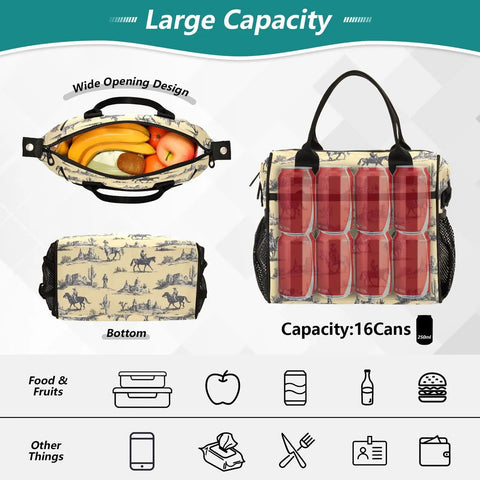 Vintage Cowboy Desert Cacti Insulated Lunch Bag With Adjustable Shoulder Strap Reusable Cooler Tote, food and can capacity view.