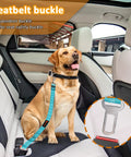Heavy Duty Dog Seat Belt Harness For Car With Adjustable Reflective Bungee Leash And Headrest Restraint keeping a dog safe in backseat.