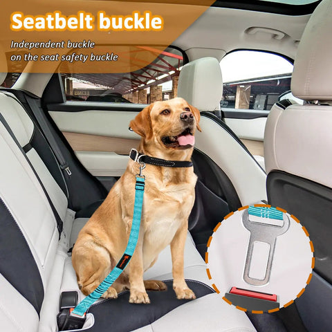 Heavy Duty Dog Seat Belt Harness For Car With Adjustable Reflective Bungee Leash And Headrest Restraint keeping a dog safe in backseat.