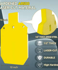 AR500 Steel Target For Shooting Range 1/2 Inch Thick 10 By 16 Inch Gong Silhouette Target In Yellow Finish shown with dimensions