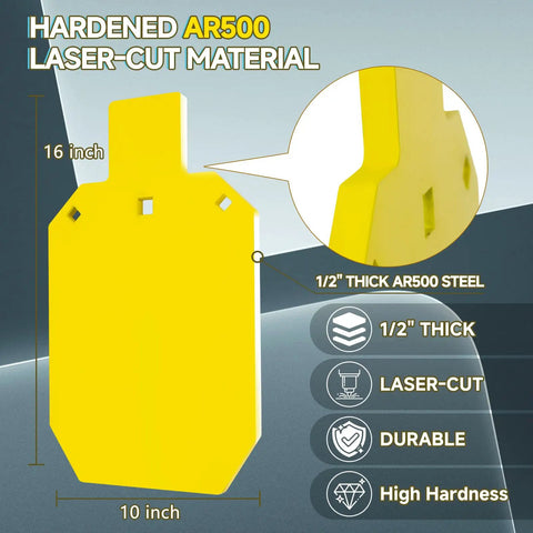 AR500 Steel Target For Shooting Range 1/2 Inch Thick 10 By 16 Inch Gong Silhouette Target In Yellow Finish shown with dimensions