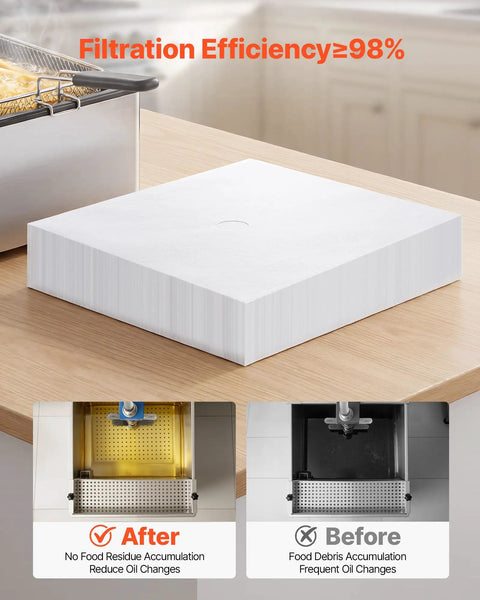 No Sweat Heavy Duty 100 Pack Deep Fryer Filter Papers For Commercial Kitchens 15 By 13 Inch oil strainer sheets on countertop.