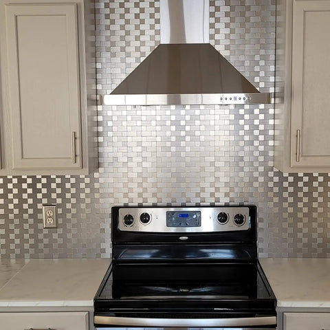 10 Pack Self Adhesive Metal Backsplash Tiles For Kitchen Or Bathroom Peel And Stick 12 By 12 Silver Aluminum DIY Friendly