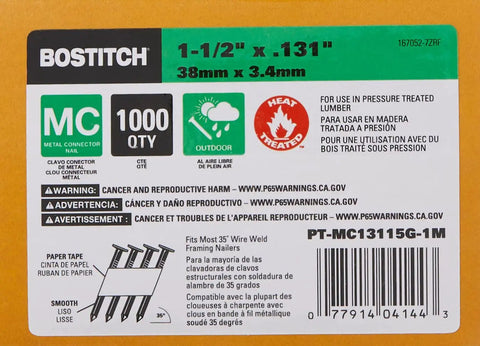 Pro Grade Framing Nails With Paper Tape Collated packaging, showing product specifications for construction use, 1000 pack