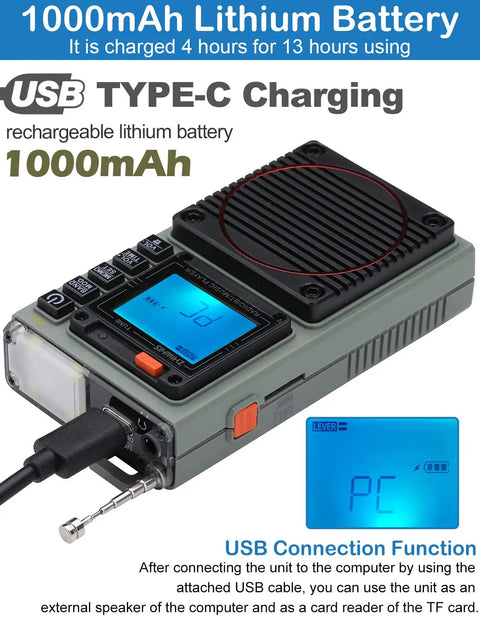 Tiny But Mighty Shortwave Radio With 7 Backlight Colors, App Control, AM FM VHF SW WB Receiver with USB Type-C charging cable