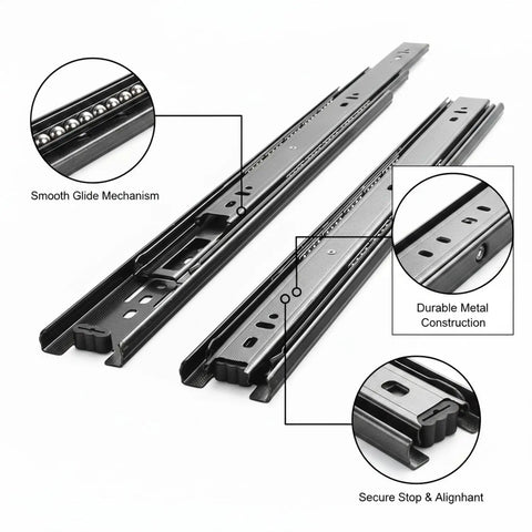 Stainless Steel Drawer Slides Pair With Black Finish showing smooth glide mechanism and durable metal construction detail.
