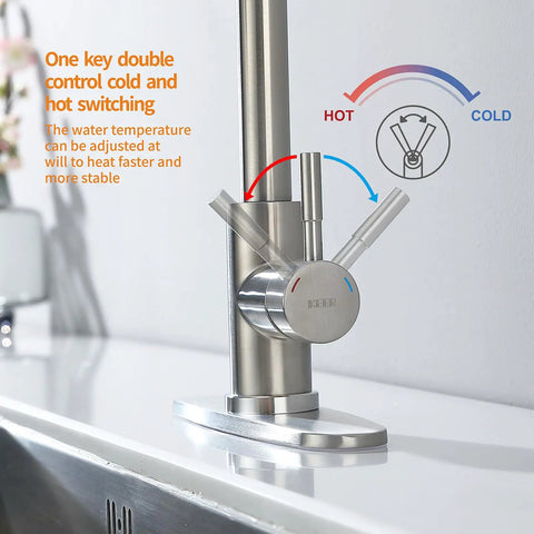 Slick Brush Nickel Single Handle Pull Down Kitchen Faucet With Knockout Three Mode Spray Settings And Complete Zero Hassle Setup For Fast Weekend Renovations showing control handle for hot and cold water adjustment.