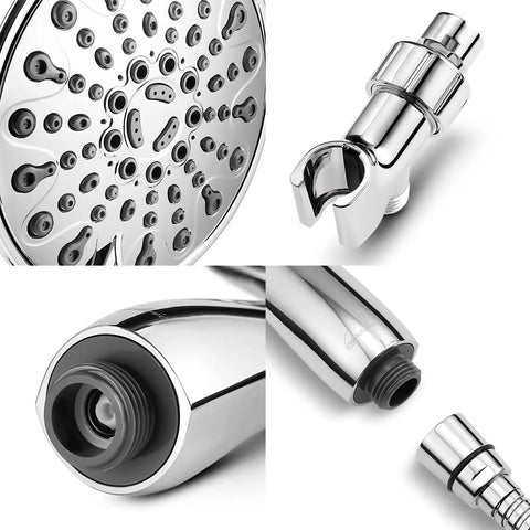 Close-up of Handheld Shower Head With High Pressure And 6 Spray Settings, 6 Inch Chrome Face, Brass Swivel Ball Mount details