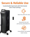 Heavy Duty Oil Filled Space Heater With Remote And Adjustable Thermostat 1500W Three Heat Settings Solid Build With Auto Tip Over Shutoff For All Day Cozy Vibes In Black, showing side view, remote, and adjustable settings.