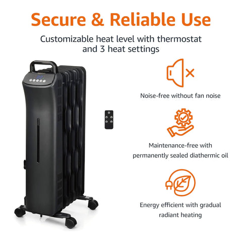 Heavy Duty Oil Filled Space Heater With Remote And Adjustable Thermostat 1500W Three Heat Settings Solid Build With Auto Tip Over Shutoff For All Day Cozy Vibes In Black, showing side view, remote, and adjustable settings.