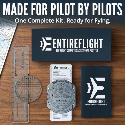 E6B Flight Computer And Aviation Plotter For Pilots - Ultimate Flight Bag Essential Kit with case, calculator, and plotter on wood