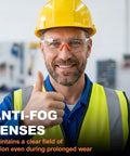 Kickass Bulk Anti Fog Safety Glasses With Impact Resistant Polycarbonate Lenses And Heavy Duty Anti Scratch Coating worn by a man with a yellow hard hat.
