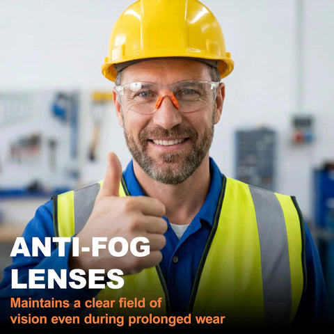 Kickass Bulk Anti Fog Safety Glasses With Impact Resistant Polycarbonate Lenses And Heavy Duty Anti Scratch Coating worn by a man with a yellow hard hat.