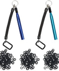Blue and teal aluminum Wacky Rigging Tools with keychain and piles of black O-rings from Worm Rig Tools Kit With 320 Wacky O Rings.