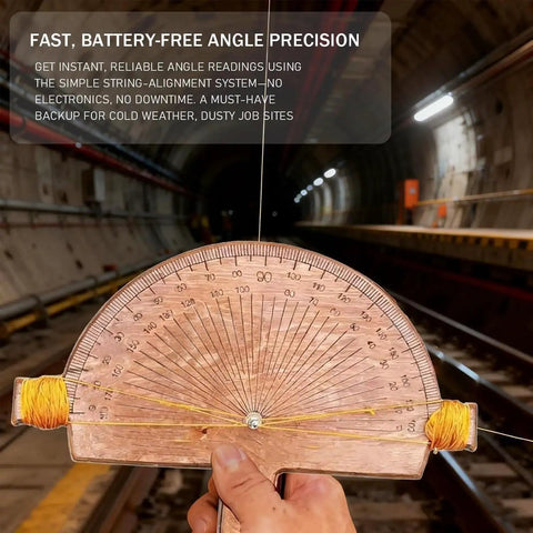 Professional Grade Battery Free Wood Angle Finder With Engraved Degree Scale And String Alignment Setup, held in hand with string alignment setup.