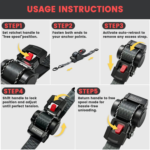 Instruction steps for Heavy Duty Retractable Ratchet Straps 2 Inch By 13 Feet With 3307 Pound Break Strength Self Retracting Tie Down Straps