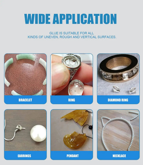 Images showing uses of Rock Solid Jewelry Glue For Crystals And Rhinestones Instant Bond Adhesive For DIY Jewelry Making Bonding Metal To Crystal Pearl Gemstone Necklace Bracelet Earring Ring.
