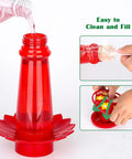 Pouring water into a Red Hummingbird Feeder For Outdoors Hanging 2 Pack 10 Oz With 6 Feeding Ports And Perch No Mess Built In Ant Moat.