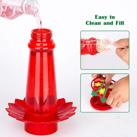 Pouring water into a Red Hummingbird Feeder For Outdoors Hanging 2 Pack 10 Oz With 6 Feeding Ports And Perch No Mess Built In Ant Moat.