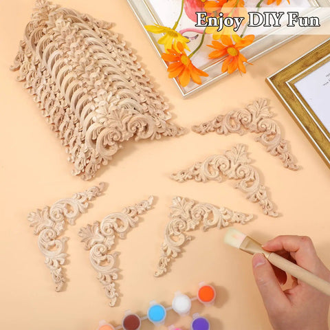 Twenty Piece Wood Applique Corner Onlay Set For DIY Furniture Decor unpainted carved wood decals, detailed view with brush and palette