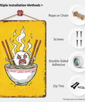 Vintage Angry Ramen Cartoon Metal Sign Wall Art 8x12 Inch Tin Sign Poster featuring installation methods with pre-drilled holes
