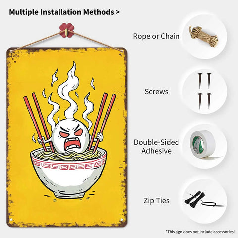 Vintage Angry Ramen Cartoon Metal Sign Wall Art 8x12 Inch Tin Sign Poster featuring installation methods with pre-drilled holes