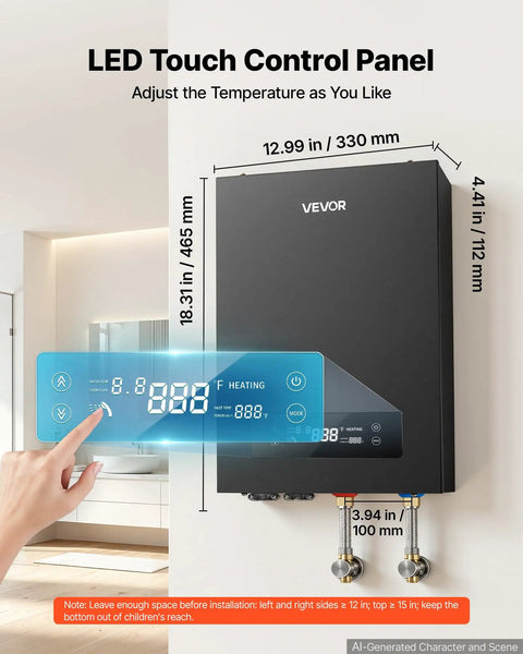 LED touch control panel of the 36 Kw Tankless Electric Water Heater, displaying temperature settings for heavy duty plumbing.