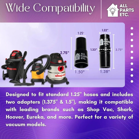 1.25 Inch Vacuum Floor Brush Attachment With 10 Inch Wide Soft Bristles And Dual Adapters For 1.375 And 1.5 Inch Hoses A Real Go To Clean Up Tool For Shop Vac Shark Hoover Eureka Dirt Devil Miele Oreck And More displayed with compatibility guide
