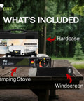 Butane Camping Stove With Windshield And Brass Burner, 9,500 BTU Portable Gas Stove included with hardcase and windscreen