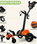 Close-up of the Smooth Operator Auto Follow Electric Golf Push Cart showing cell phone holder, ball organizer, umbrella holder, and digital display.