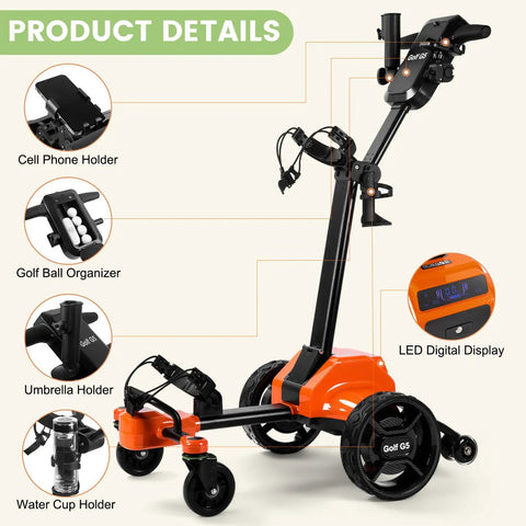 Close-up of the Smooth Operator Auto Follow Electric Golf Push Cart showing cell phone holder, ball organizer, umbrella holder, and digital display.