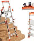 Lightweight Aluminum Five Step Ladder With Handrails And Tool Tray Anti Slip Wide Pedals Folding Step Stool For Home And Stairs And Outdoor Projects Telescoping Extension Portable Easy Storage 330 Lb Capacity, folded on stairs with tray